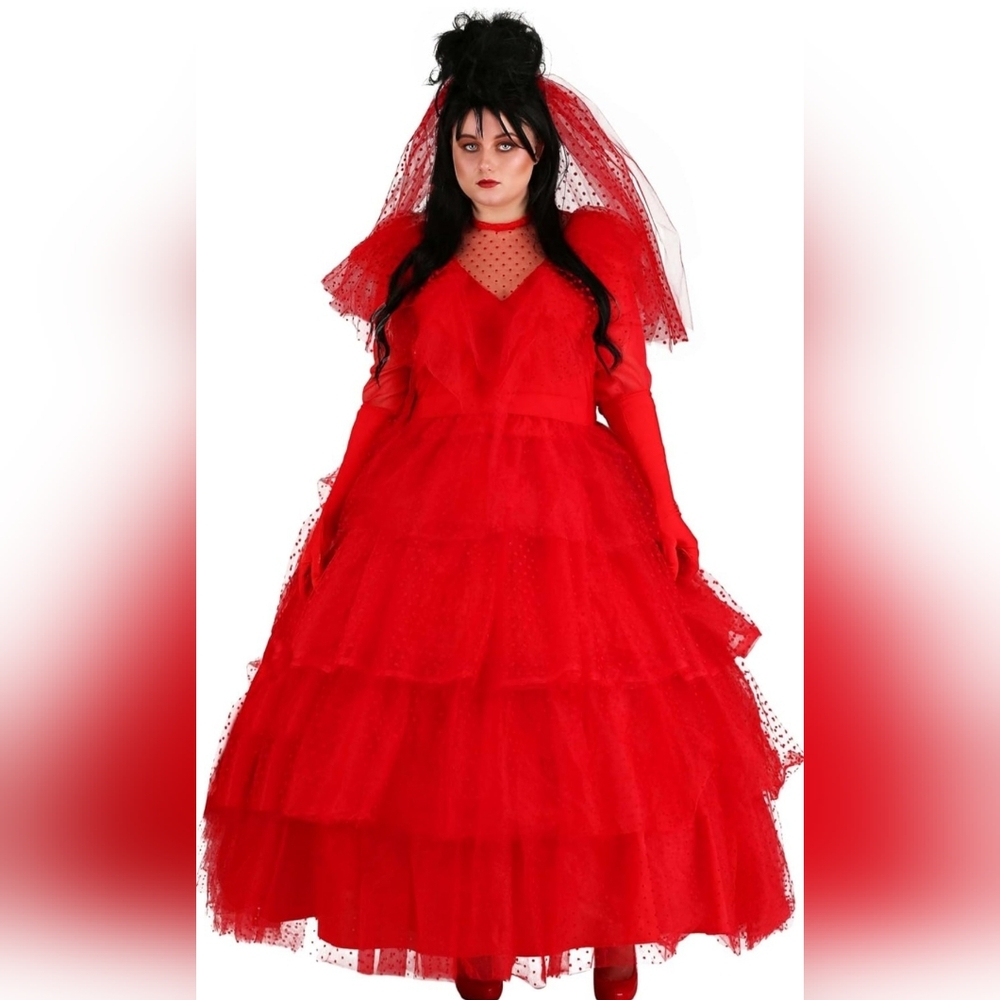 Lydia Deetz (Beetlejuice) Red Tulle Gown w/ Veil & Accessories Plus Size